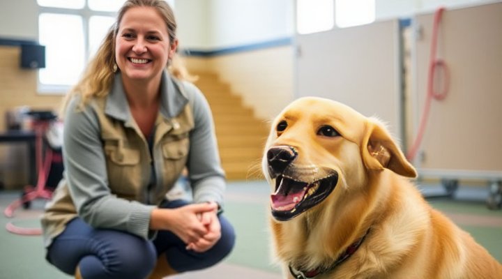 Dog behaviorist training a golden retriever