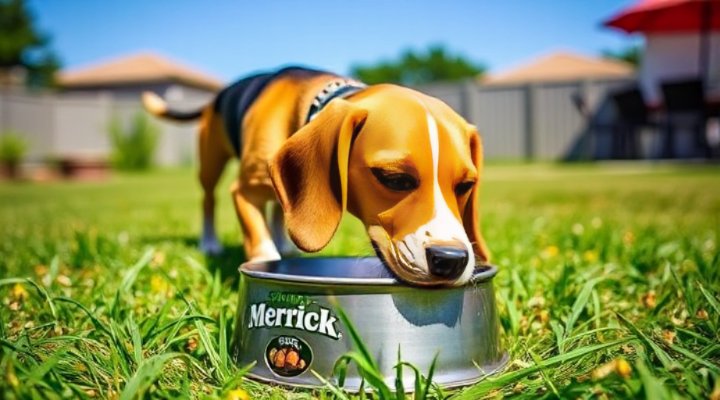 A playful dog enjoying Merrick dog food in a sunny backyard