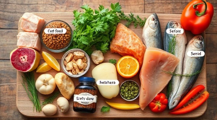 Fresh ingredients used in Orijen cat food including meat, fish, and vegetables