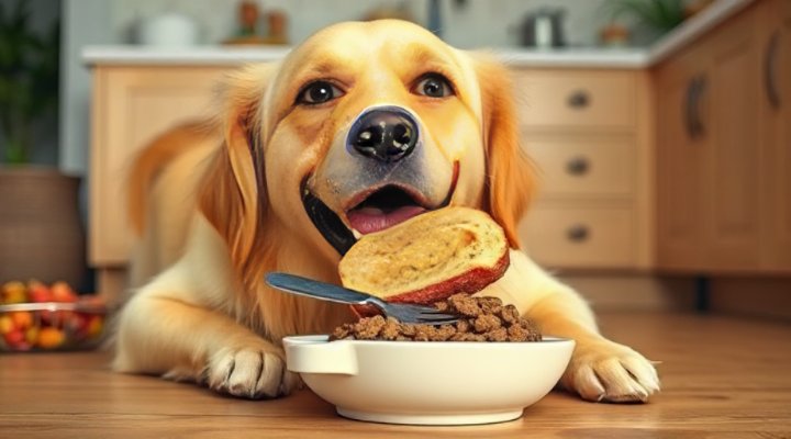Golden retriever happily eating instinct raw dog food from bowl