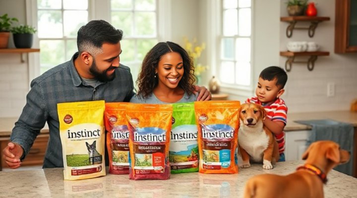 Happy family comparing various Instinct dog food products