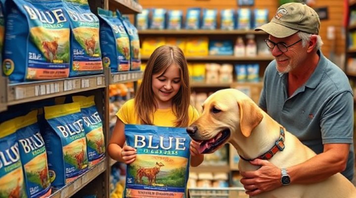 Loving family choosing Blue Wilderness dog food at pet store