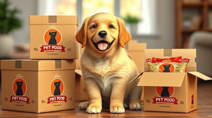 Golden retriever excitedly greeting delivery packages of dog food