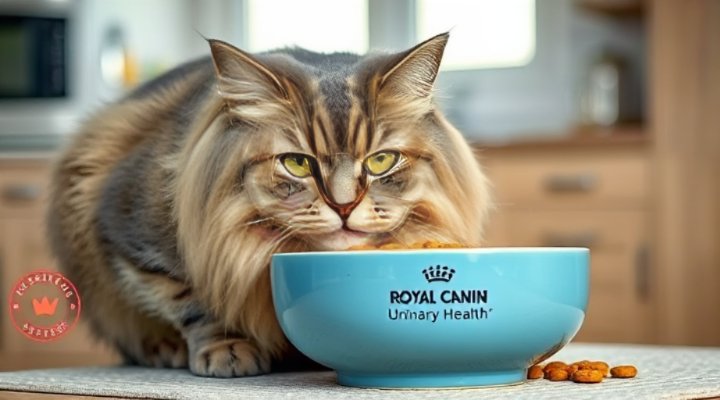 Adorable domestic shorthair cat happily eating Royal Canin urinary health formula from a ceramic bowl