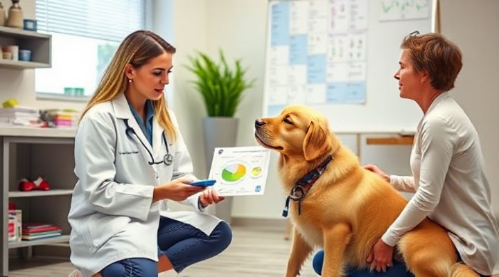 Professional veterinarian providing nutritional advice to concerned dog owner