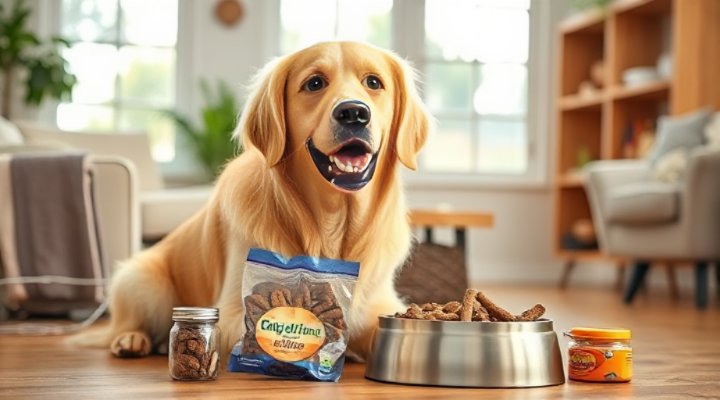 Happy senior golden retriever dog sitting with training treats during a learning session