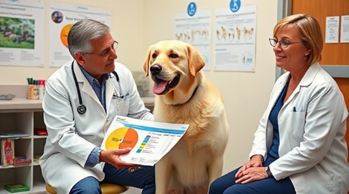 Friendly veterinarian explaining high protein diet benefits to dog owner during consultation