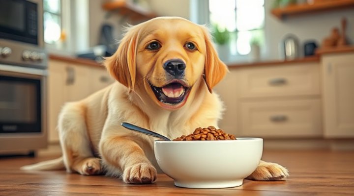 Cute golden retriever happily eating science diet food from a bowl during training session