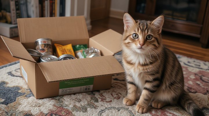A cute cat sitting next to a delivered cat food box, looking curious and content