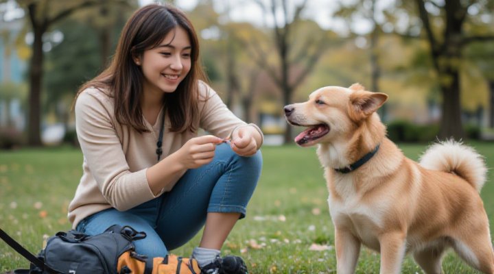 A caring owner using good dog food for training and skill development as rewards in an outdoor session