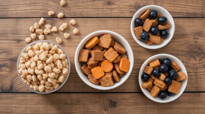 Assortment of nutritious dog training rewards including small kibble, freeze-dried treats, and homemade options arranged neatly