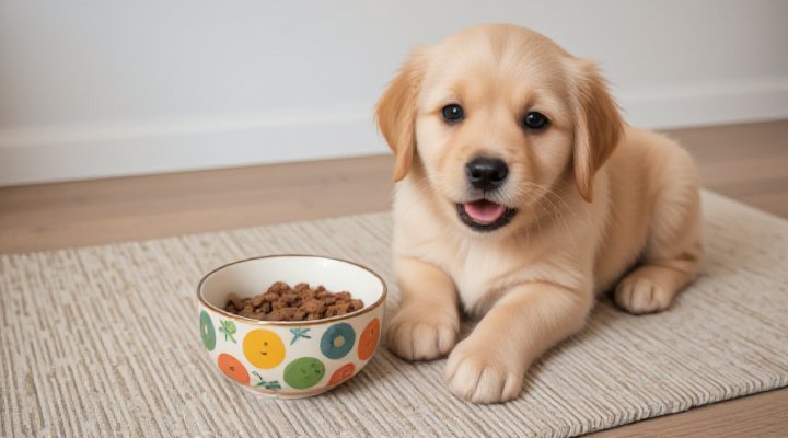 Cute golden retriever puppy eagerly eating Maev Dog Food from a ceramic bowl during training