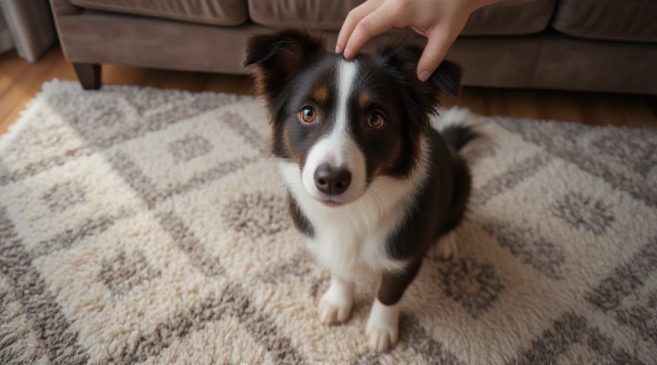 Dog demonstrating sit command after reward-based training